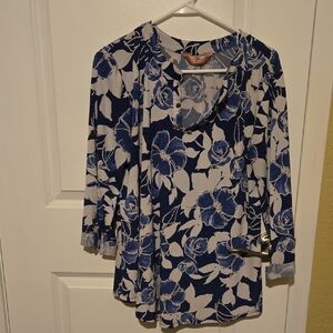 SJS Women's XL blue and white long-sleeve shirt V-neck blouse